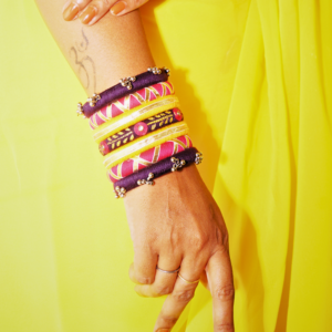 Kavya Royal blue, yellow pink , golden handwork and gotapatti design handmade bangles, showcasing impeccable craftsmanship for Women & girls.